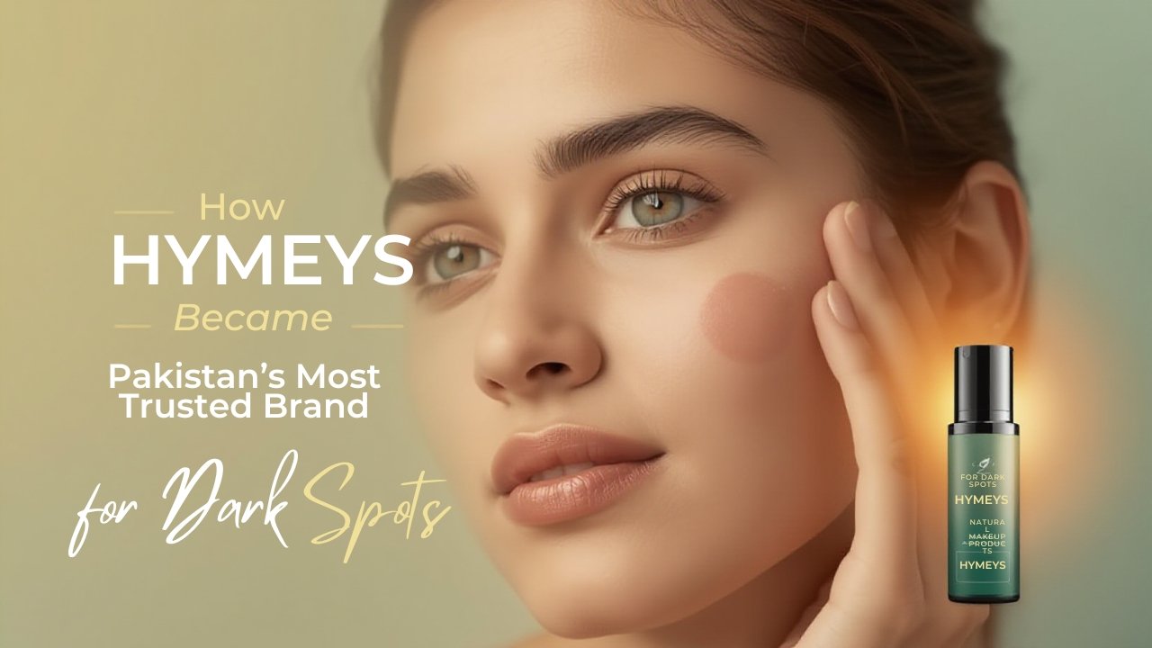HYMEYS Anti-Pigmentation Serum bottle with a "Trusted in Pakistan" badge, effectively treating melasma and dark spots.