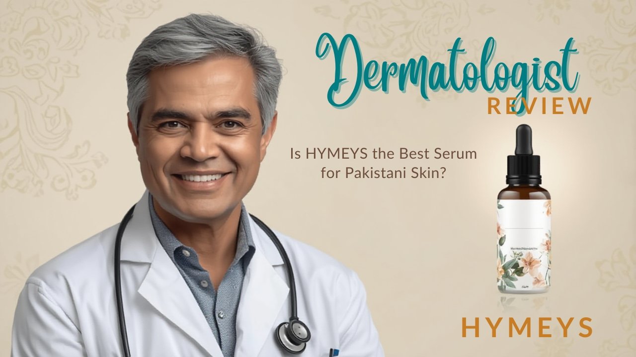 Dermatologist holding a bottle of HYMEYS Anti-Pigmentation Serum, explaining its benefits for Pakistani skin.