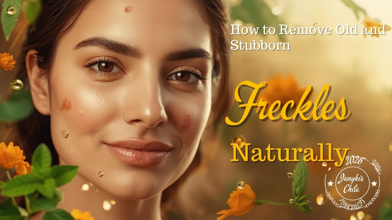 Old and stubborn freckles on skin with visible improvement using natural remedies and freckle serum